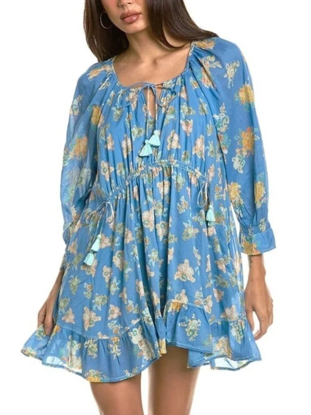 Free People Camella Blue Floral Peasant Mini Dress with Puff Sleeves Size XL